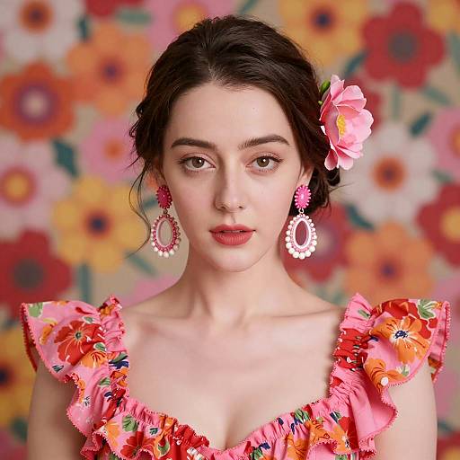 Woman in Floral Dress with Pink Accessories
