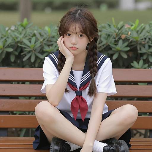 Young Girl in Sailor Uniform Sitting on Bench
