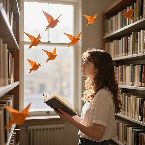 Photograph of a young woman with long brown hair, wearing a white shirt, reading in a sunlit library with orange paper birds flying around her.