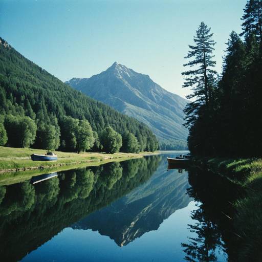 Mountain Lake Reflection with Boats