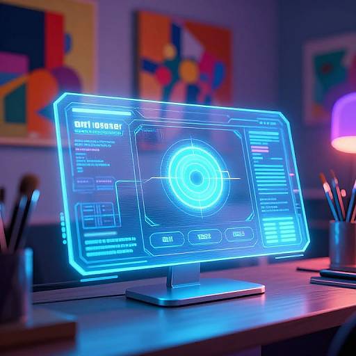 Digital artwork of a glowing blue holographic computer screen displaying 