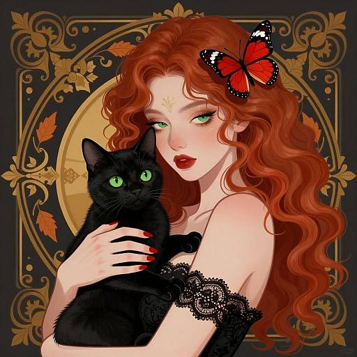 Enchanting Woman with Cat and Butterfly