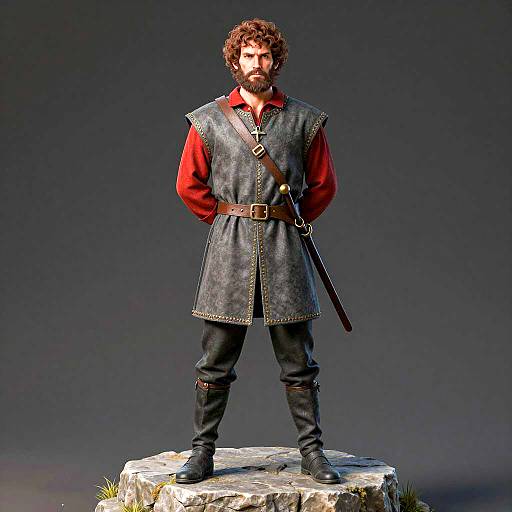 Medieval Man in Gray Vest on Stone Pedestal