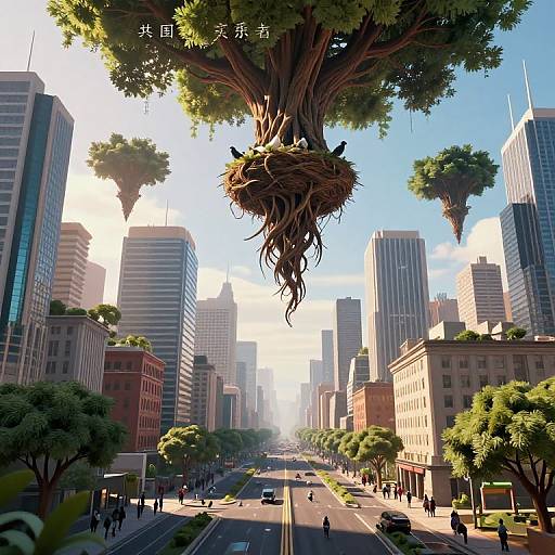 Digital art of a futuristic city with towering trees and hanging nests, sunlight illuminating skyscrapers, people walking on the street. Chinese text at the