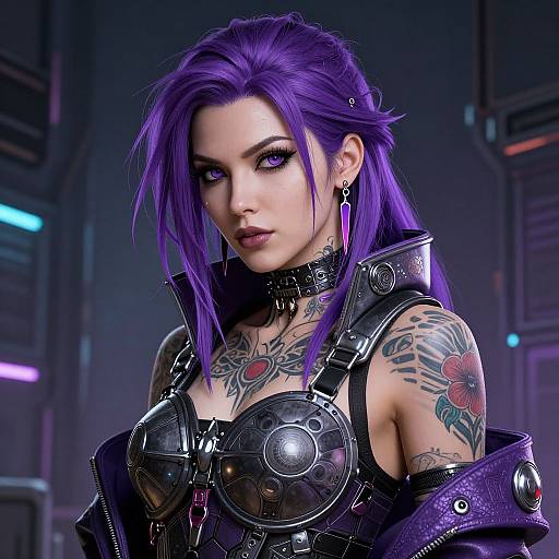 CGI image of a purple-haired woman with tattoos, wearing black leather armor and a choker, in a futuristic, neon-lit background.