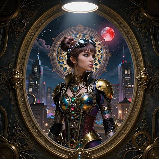 Steampunk cyberpunk female warrior with intricate armor, goggles, and colorful gemstones, framed by ornate mirror, against a futuristic cityscape.