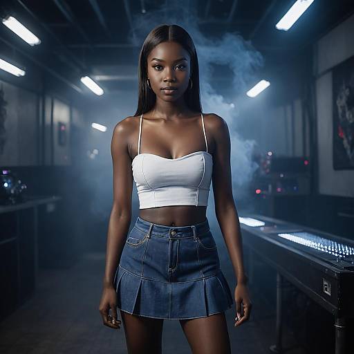 Fashionable Woman in Denim Skirt and White Tube Top