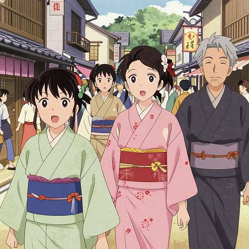 Anime-style illustration of two young women in traditional kimonos, one pink and one green, walking down a bustling Japanese street with an older man and