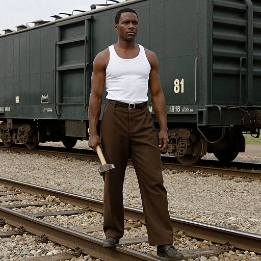 Photograph of a muscular Black man in a white tank top and brown pants, holding a hammer, standing on railroad tracks with a black freight train labeled