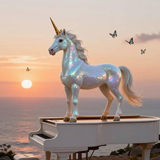 Photograph of a glittery white unicorn statue with a golden horn standing on a piano, surrounded by butterflies, at sunset over the ocean.
