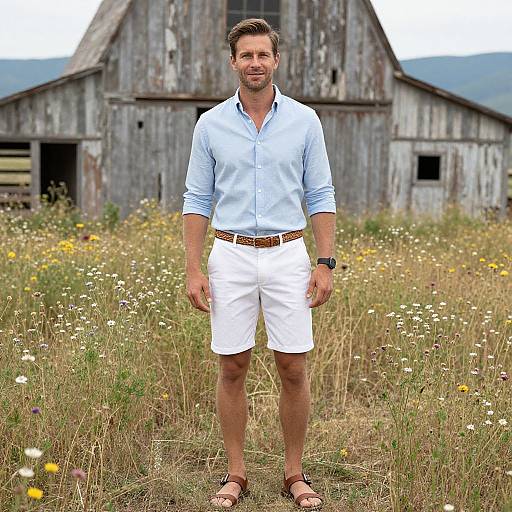 Photograph of a bearded man in light blue shirt, white shorts, brown belt, and sandals, standing in a wildflower meadow in front