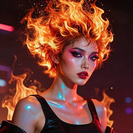 Digital portrait of a woman with fiery orange hair, glowing neon blue and pink accents, wearing a black tank top, set against a dark, neon-l