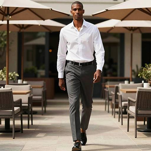 Photograph of a confident Black man in a white dress shirt and dark gray pants walking down a sunlit outdoor patio with white umbrellas and wicker