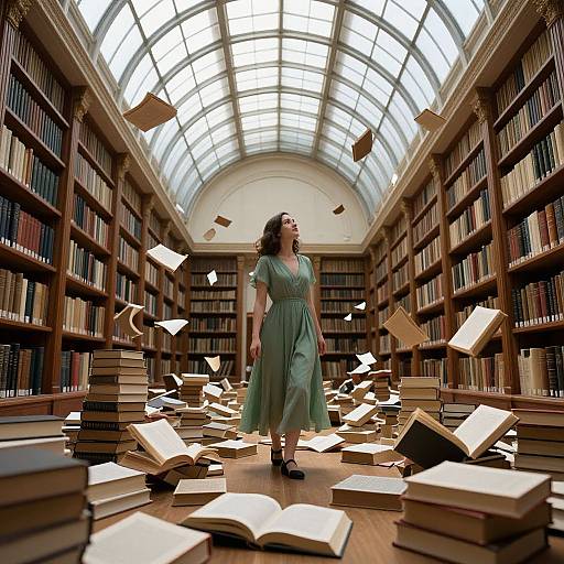 Photograph of a woman in a green dress standing amidst a chaotic library with floating books and open pages under a large arched skylight.