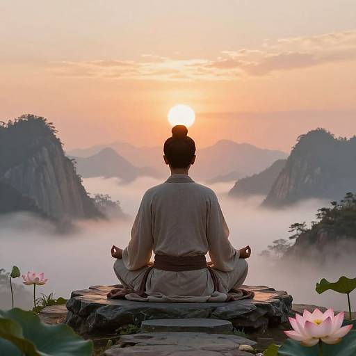 Photograph of a silhouetted person in a traditional white kimono, meditating on a stone platform at sunrise, surrounded by misty mountains