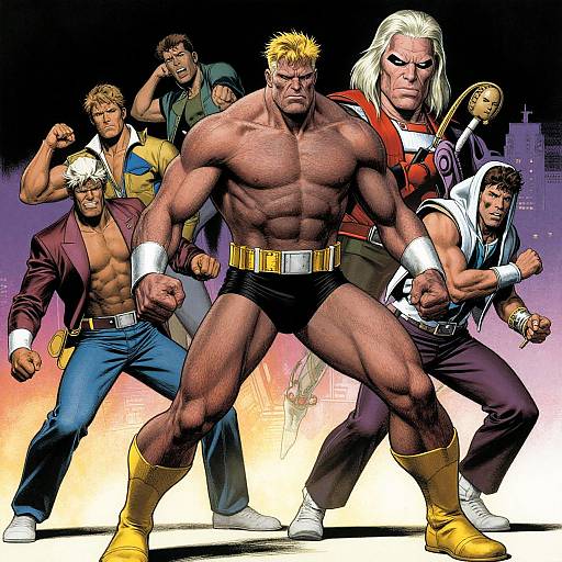 Digital comic artwork of six muscular, superhero-like men in various poses, showcasing defined muscles, bold colors, and dynamic expressions.