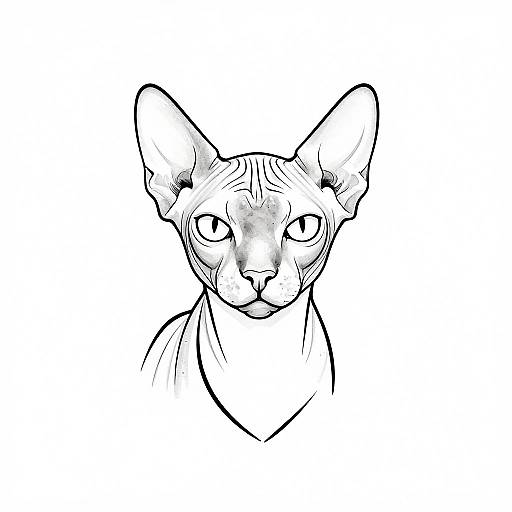 Black and white line drawing of a Sphynx cat with large ears, expressive eyes, and a slightly curious expression.