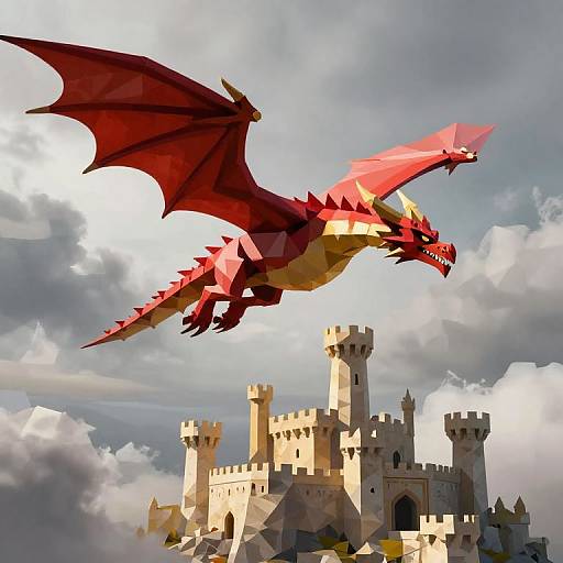 Digital art of a red, winged dragon soaring above a white, castle-topped mountain under a cloudy sky. The dragon's wings are outst
