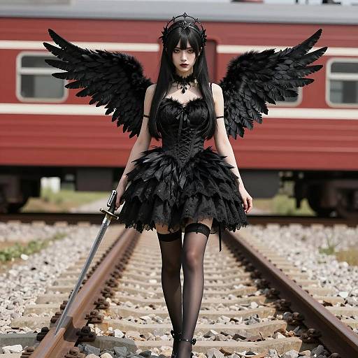 Gothic Anime Woman on Railway Track