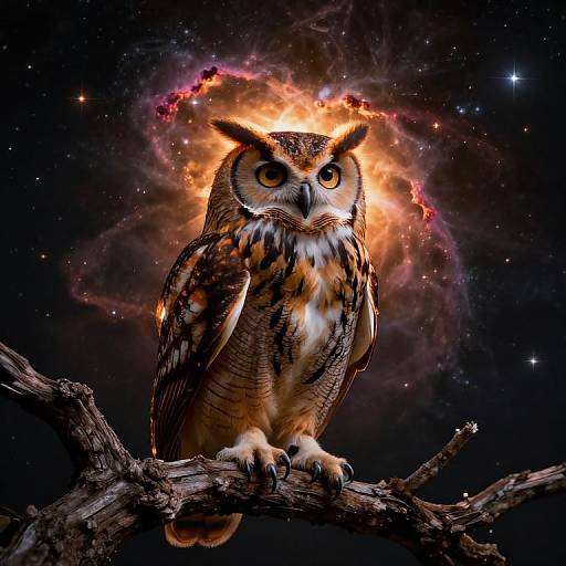 Photorealistic digital artwork of an intense-eyed owl with fiery, cosmic aura perched on a gnarled branch against a starry night sky.
