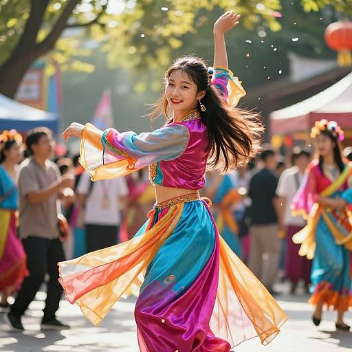 Photograph of a joyful young Asian woman dancing in a colorful traditional outfit, surrounded by a vibrant festival crowd in daylight.