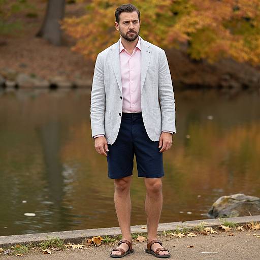 Photograph of a bearded man with short dark hair, wearing a white blazer, pink shirt, black shorts, and sandals, standing by a