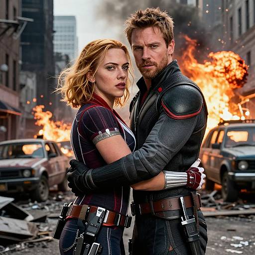 Photograph-style CGI: Blonde woman in black and red superhero suit, embracing bearded man in dark armored suit, amidst fiery urban destruction.