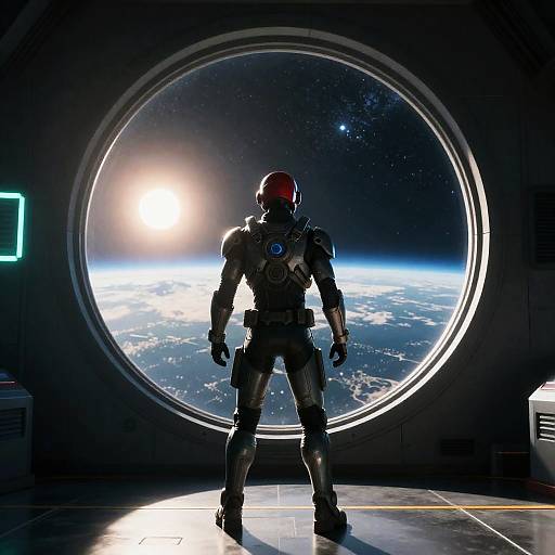 Futuristic Armored Figure Against Space Backdrop
