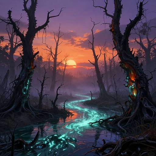 Digital artwork of a mystical, glowing river winding through a dark, eerie forest at sunset, with vibrant orange, purple, and blue hues.