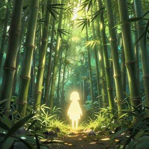 Mystical Bamboo Tunnel with Glowing Spirit