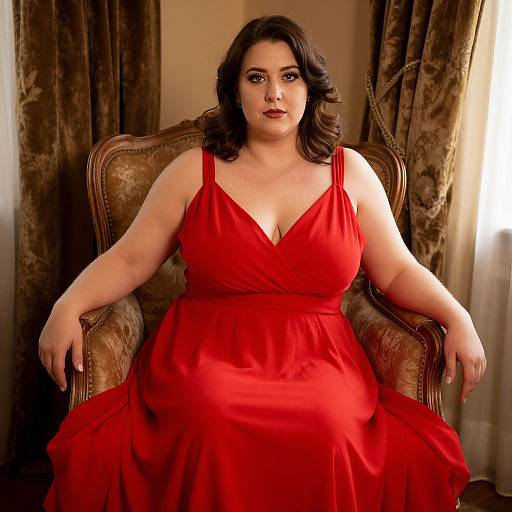 Photograph of a plus-size woman with fair skin, dark wavy hair, and red dress, sitting in ornate brown armchair with draped curtains