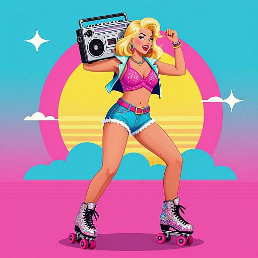 Colorful retro illustration of a blonde woman in a pink bra, denim shorts, and roller skates, holding a boombox, against a sunset background