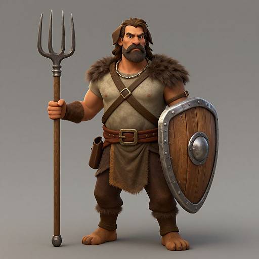 Digital illustration of a muscular, bearded warrior with brown hair, holding a trident and wooden shield, wearing fur and leather armor.