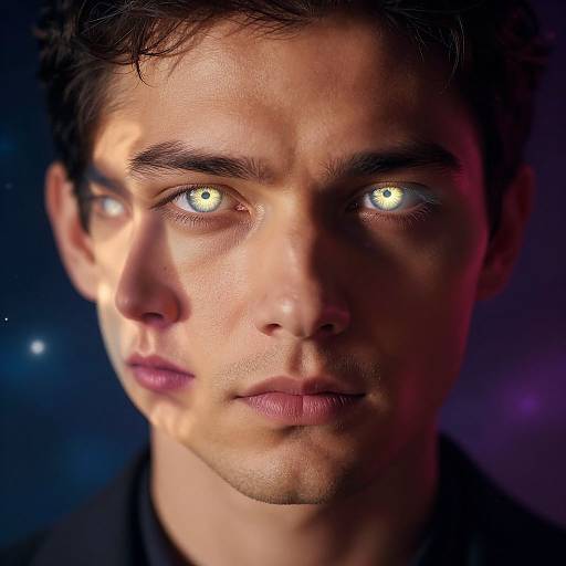 Close-up photograph of a serious young man with glowing yellow eyes, dark wavy hair, and shadowed face against a dark, starry background.