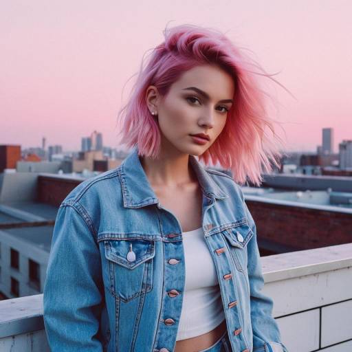 Fashion Model with Pastel Pink Hair on Urban Rooftop