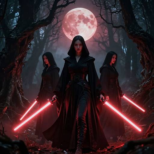 Digital artwork: Three hooded women with glowing red lightsabers stand in a dark, misty forest under a full moon, surrounded by twisted,