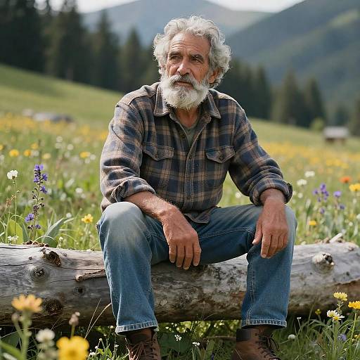 Elderly Man in Sunlit Mountain Meadow