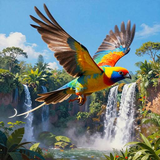 Vibrant rainbow lorikeet with spread wings flies over a lush, tropical waterfall landscape, featuring cascading water and dense greenery, under a