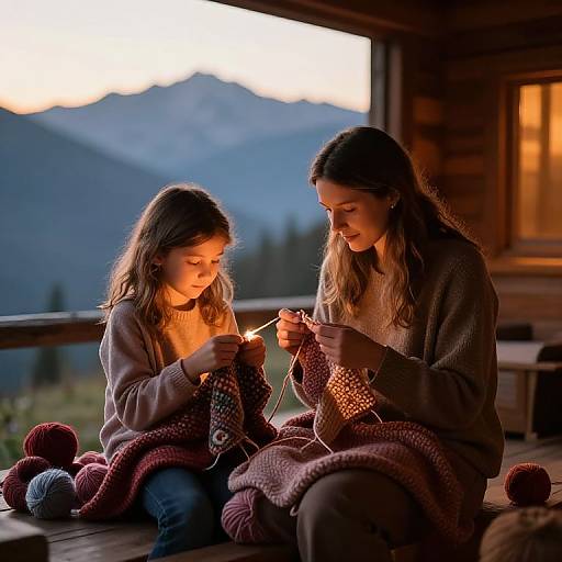 Photograph of a mother and daughter knitting together in a wooden cabin at sunset, with mountains in the background, warm light illuminating their faces.