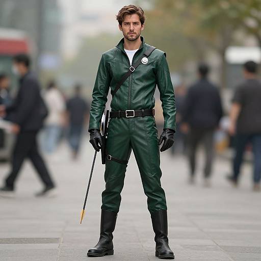 Photograph of a handsome, bearded man in a green leather jumpsuit, black gloves, and boots, holding a cane, standing confidently on a