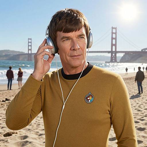Photograph of a middle-aged man with brown hair wearing a brown long-sleeve shirt with a Star Trek logo, listening to music on headphones at