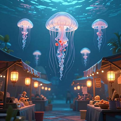 Photograph of a vibrant, underwater-themed night market with glowing jellyfish overhead, lanterns, tables with diners, and colorful awnings.