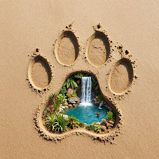 Digital art: A detailed mini-garden with waterfall, plants, and rocks, framed by a large paw print carved into sandy beach.