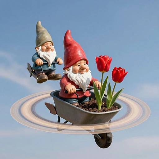 CGI image of two whimsical, bearded garden gnomes with red hats, flying in wheelbarrows with red tulips against a clear