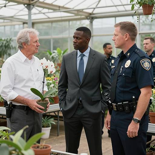 Three Men in a Sunlit Greenhouse