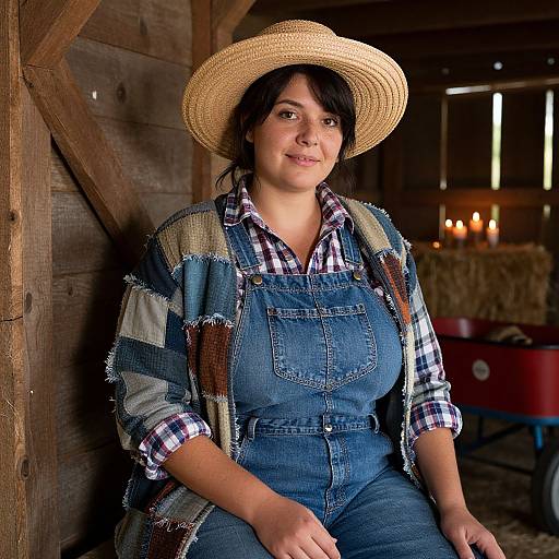 Photograph of a smiling, curvy woman with dark hair, wearing a straw hat, plaid shirt, denim overalls, and patchwork jacket