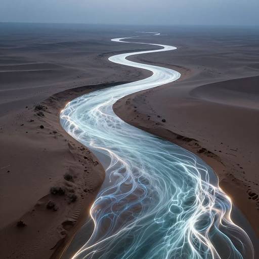 Photograph of a glowing, ethereal river winding through a dark, desolate desert landscape at twilight, with blue and white light trails.