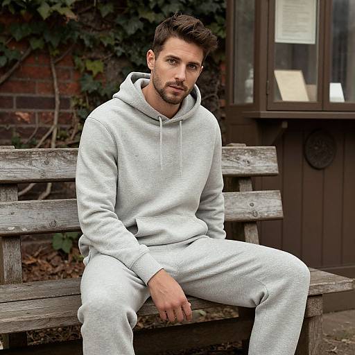 Photograph of a handsome, bearded man with short brown hair, wearing a light gray hoodie and pants, sitting on a weathered wooden bench in