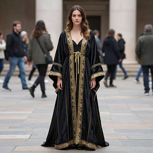 Photograph of a slender woman with wavy brown hair, wearing a black, gold-embroidered medieval-style robe, standing in a blurred urban