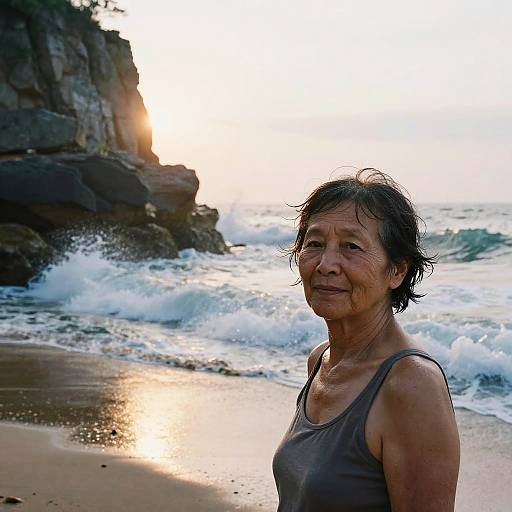 Photograph of an older Asian woman with short, wet black hair, wearing a gray tank top, standing on a rocky beach at sunset, waves crashing